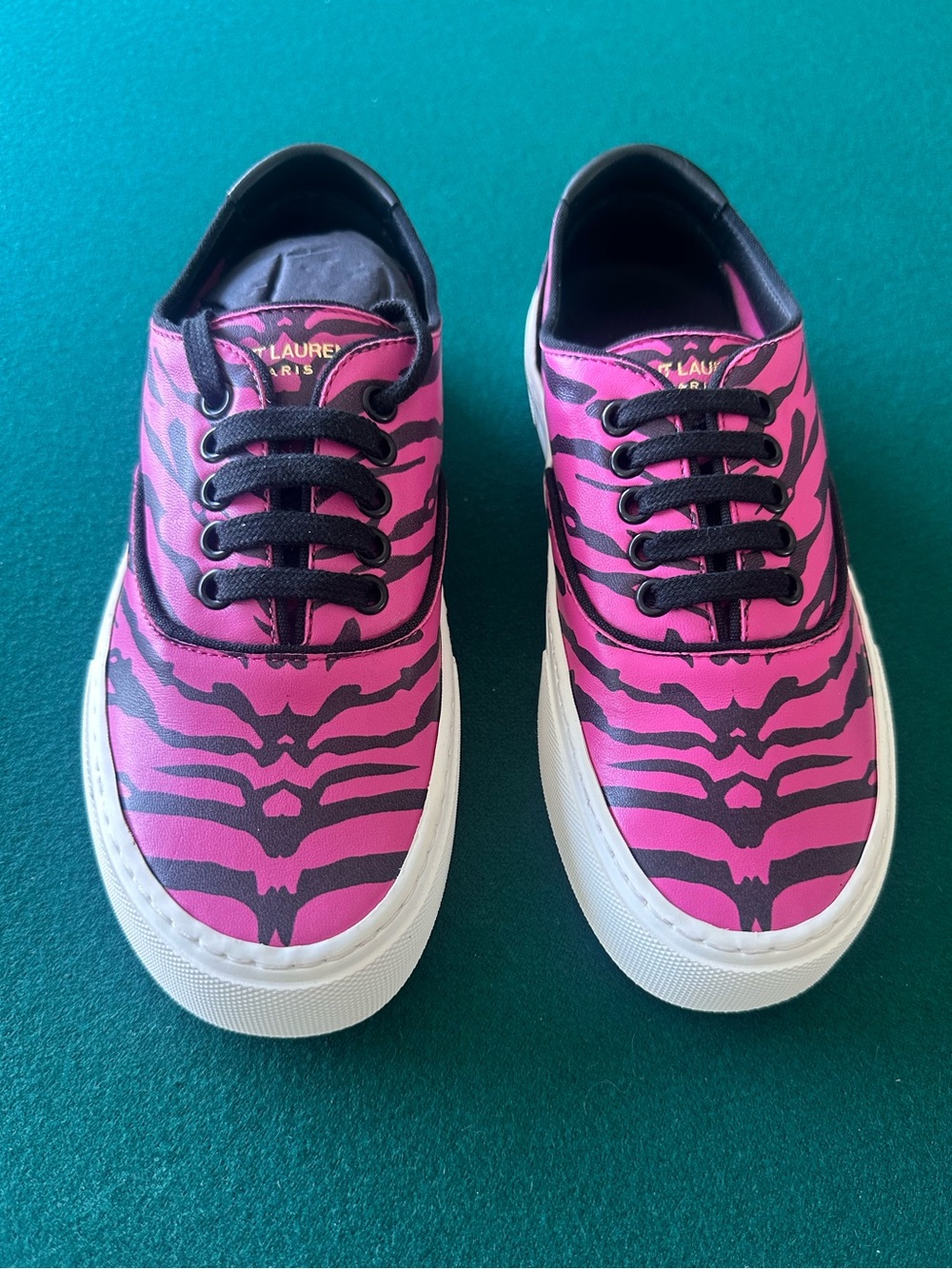 NEW Saint Laurent $595 Pink & Black Zebra Sneakers Leather tennis shoe Sz 36.5